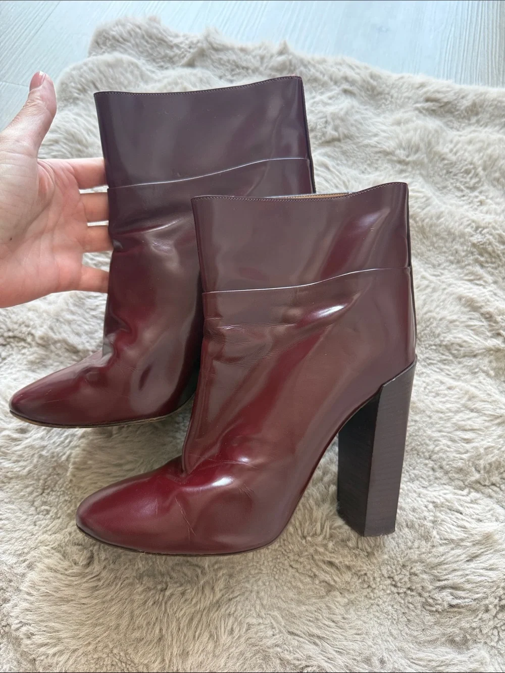 Chloe Burgundy Patent Leather Block Heel Ankle Boots